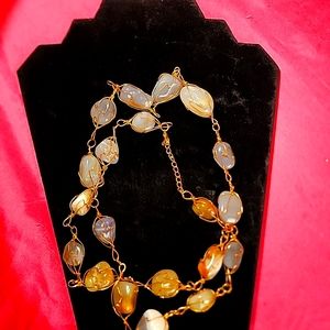 Vintage wrapped agate=moon natural stone wrap.metal long necklace lobster clasp